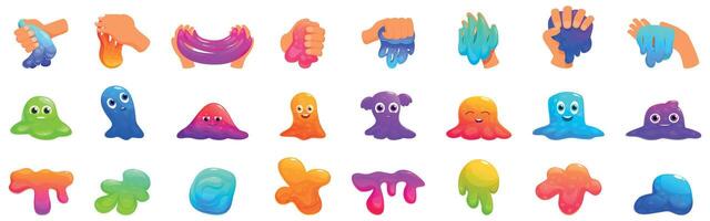 Slime toys icons set. Colorful slime being squeezed and pulled by human hands and taking funny shapes vector