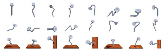 Hammered stainless nails icons set. Set of various steel nails bending in different directions on white background vector