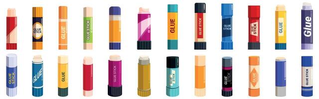 Glue stick icons set. Set of different colorful glue sticks for school or office vector