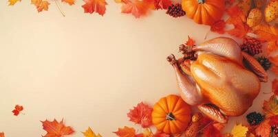 Roasted Turkey with Autumn Leaves and Pumpkins for Thanksgiving Dinner. photo