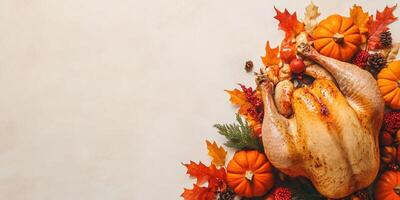 Roasted Turkey with Autumnal Decorations for Thanksgiving Feast. photo