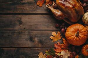Thanksgiving Feast Tabletop with Roasted Turkey, Pumpkins, Autumn Leaves, and Grapes on Rustic Wooden Background. photo