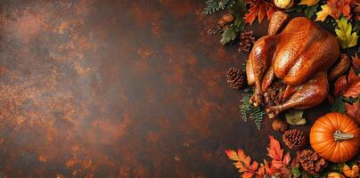 A Delicious Roasted Turkey with Fall Decorations for Thanksgiving Dinner. photo