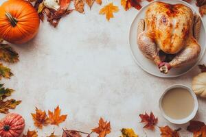 Thanksgiving Feast Roasted Turkey with Autumn Leaves and Pumpkins for a Festive Table Setting. photo