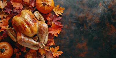Delicious Roasted Turkey Surrounded by Vibrant Autumn Leaves and Pumpkins for Thanksgiving Feast. photo