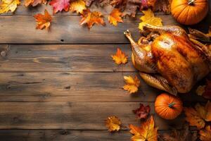 Thanksgiving Roasted Turkey with Autumn Leaves on Rustic Wooden Tabletop. photo