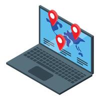 Laptop showing world map with location pins for travel planning and navigation vector