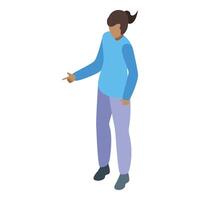 Young woman is standing and pointing with finger to the left side vector