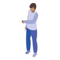 Young man is checking time on his wristwatch in isometric view vector