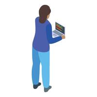 Woman programmer standing and coding using laptop isometric view vector
