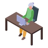 Senior woman using braille display keyboard working on desktop computer vector