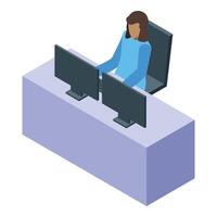 Woman office worker using two desktop computers isometric icon vector