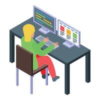 Web developer working on computer with code on screen vector