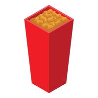 Red paper box full of popcorn standing on white background vector