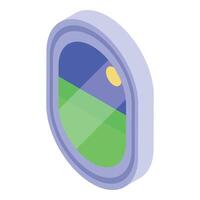 Oval window showing green fields and blue sky with sun vector