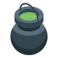 Black witch cauldron bubbling with green potion for halloween isometric icon vector