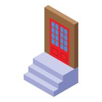 Red front door isometric icon, building entrance with stairs vector