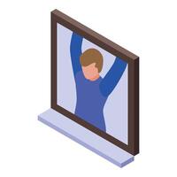 Young man climbing out of window frame isometric icon vector