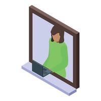 Woman working from home using laptop next to window vector