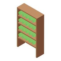 Wooden wine rack storing green wine bottles isometric view vector