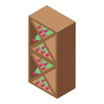 Wooden wine rack storing bottles in triangular cells isometric view vector