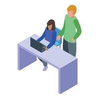 Manager explaining task to employee working on laptop at desk vector