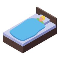 Blond man sleeping in bed with blue blanket isometric icon vector