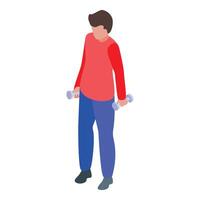 Young man lifting dumbbells during home workout routine isometric icon vector