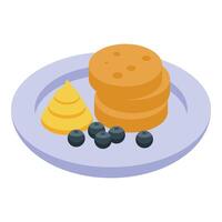 Plate with delicious pancakes, cream and blueberries isometric view vector