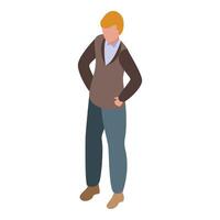 Blond man standing is wearing brown vest and blue pants in isometric view vector