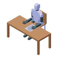 Robot sitting at desk reading document isometric icon vector