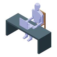Robot working on laptop at desk in isometric view vector