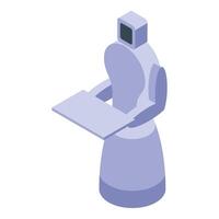 Modern robot holding tablet with empty screen isometric view vector