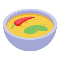Spicy chili pepper and basil leaf floating in bowl of soup vector