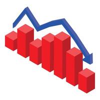 Red bar graph decreasing with blue arrow representing a loss in business vector