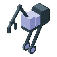 Wheeled robot carrying purple cubes using mechanical arms vector