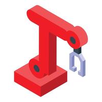 Red robotic arm holding something with metallic gripper vector