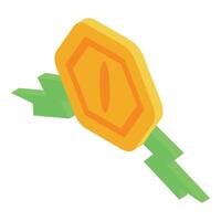 Golden hexagon coin is flying with two green wings on white background vector