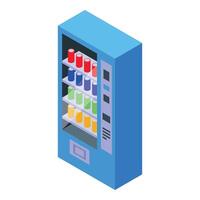 Blue vending machine dispensing colorful cans isometric view vector