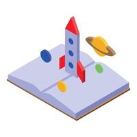 Open book with rocket launching into space with planets around vector