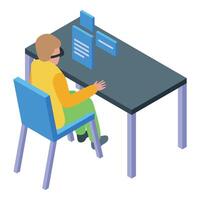 Blind person reading braille text on desk with isometric illustration vector