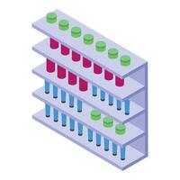 Supermarket shelf stocked with deodorant and hairspray bottles isometric view vector