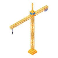 Yellow tower crane lifting concrete block on construction site isometric icon vector