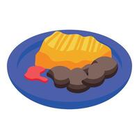 Grilled fish steak served on blue plate with mashed potatoes and sauce vector
