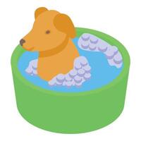 Golden retriever dog taking bath in green basin with foam vector