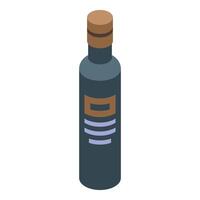 Dark glass bottle with cork lid containing liquid is standing on white background vector