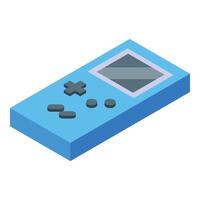 Blue retro handheld video game console showing pixelated screen vector