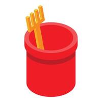 Red plastic bucket with yellow toy rake standing inside for building sandcastles on beach vector