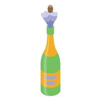 Green bottle of champagne with open cork isometric icon vector