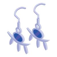 Pair of silver earrings with blue gemstone is hanging on white background vector
